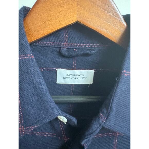 Saturdays New York City Navy Maroon Large Plaid Button Down Camp Shirt - S - Picture 4 of 7